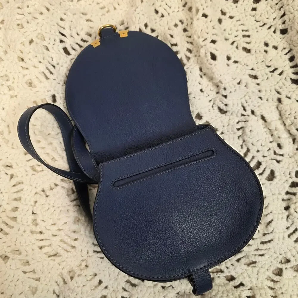 Chloé Marcie Small Saddle Crossbody Bag Navy Blue Grained Leather Gold Hardware